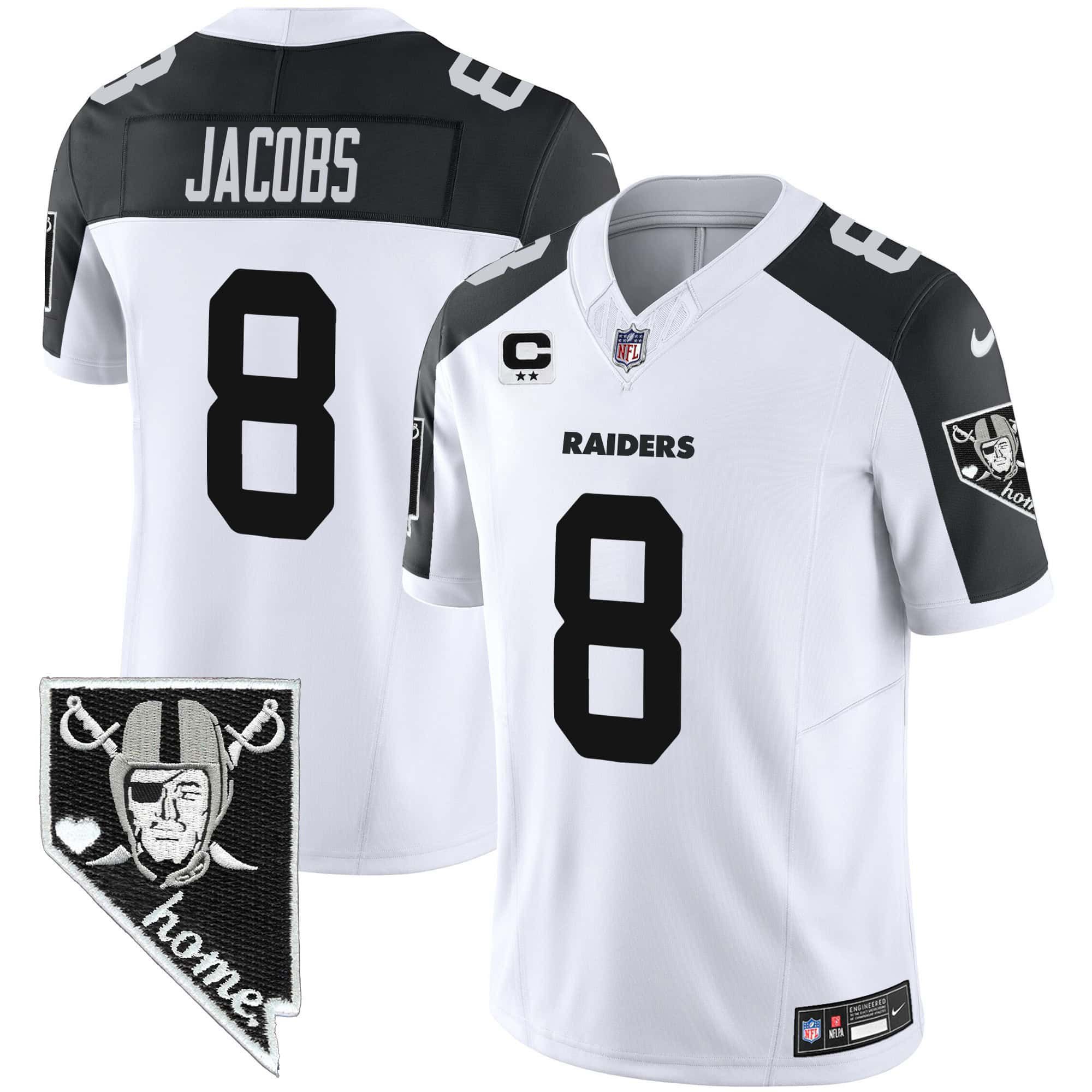 Men Oakland Raiders 8 Jacobs White 2024 Nike Nevada Home Patch Vapor NFL Jersey style 1
